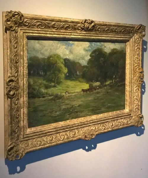 Bertha Rhodes (Carrick) 1906 Original Signed Antique English Oil Painting on Canvas Pastoral Harvesting Landscape