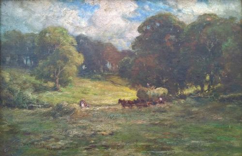 fig 1. Bertha Rhodes (Carrick) 1906 Original Signed Antique English Oil Painting on Canvas Pastoral Harvesting Landscape