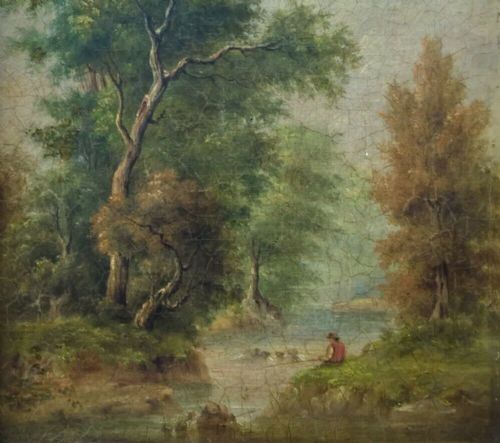 fig 1. Ex Collection of Sir H B Bacon Original 19th Century Framed Antique Oil Painting Figure Fishing & River Landscape