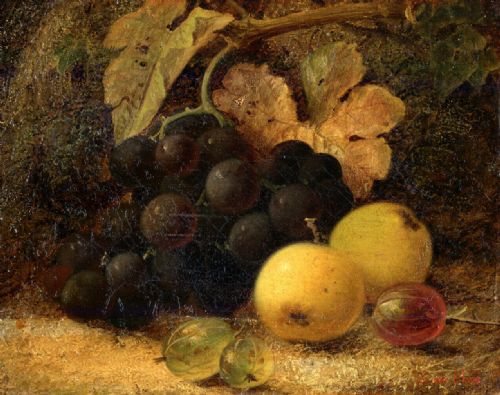 Signed Oliver Clare Original Antique Canvas Oil Painting Fruit Still Life Study of Grapes Apples & Gooseberries