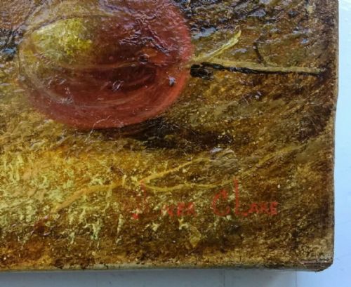fig 1. Signed Oliver Clare Original Antique Canvas Oil Painting Fruit Still Life Study of Grapes Apples & Gooseberries