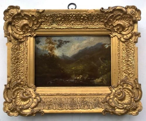 Antique Early 19th Century Original Oil Painting on Wood Panel Framed Landscape