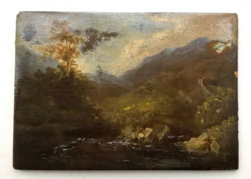 fig 1. Antique Early 19th Century Original Oil Painting on Wood Panel Framed Landscape