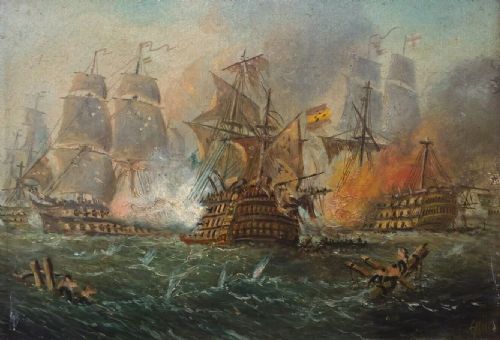 Claude T Stanfield Moore Original Signed Oil Painting Battle of Cape St Vincent