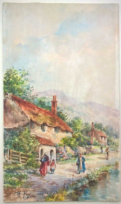 fig 1. HENRY CHARLES FOX Signed Original Antique Watercolour Painting Cottage & River Landscape