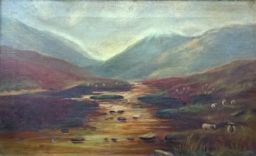 British School Original 19th Century Antique Oil Painting on Canvas Sheep & Mountain Moorland Landscape