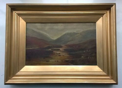 fig 1. British School Original 19th Century Antique Oil Painting on Canvas Sheep & Mountain Moorland Landscape
