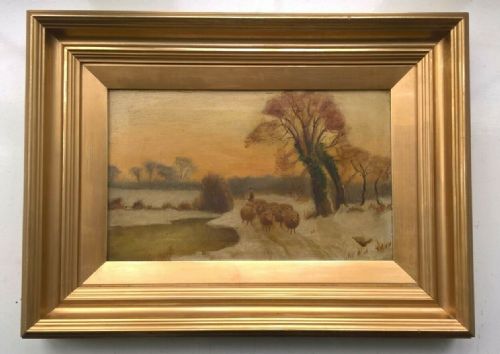 Antique English School Indistinctly Signed Oil Painting on Canvas Countryside Farming Sheep Winter Landscape