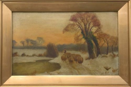 fig 1. Antique English School Indistinctly Signed Oil Painting on Canvas Countryside Farming Sheep Winter Landscape