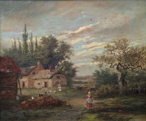 Antique English School Original 19th Century Framed Oil Painting on Canvas Rural Landscape with Figures Thatched Cottage & Hens