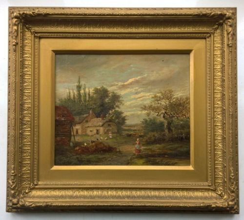 fig 1. Antique English School Original 19th Century Framed Oil Painting on Canvas Rural Landscape with Figures Thatched Cottage & Hens