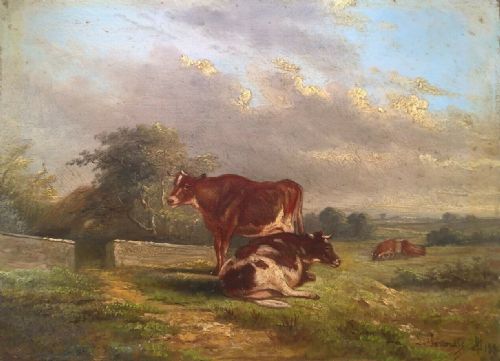 Lambert Gerardts Signed Original 19th Century Dutch Oil Painting on Wood Panel Traditional Pastoral Landscape with Cattle