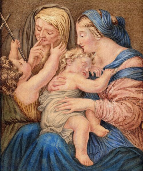 fig 1. 18th Century Original Classical Style Watercolour Painting on Card Madonna with Child, St Anne & the young St John the Baptist