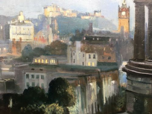 fig 1. Original 20th Century Oil Painting on Board Edinburgh Evening Landscape Scotland