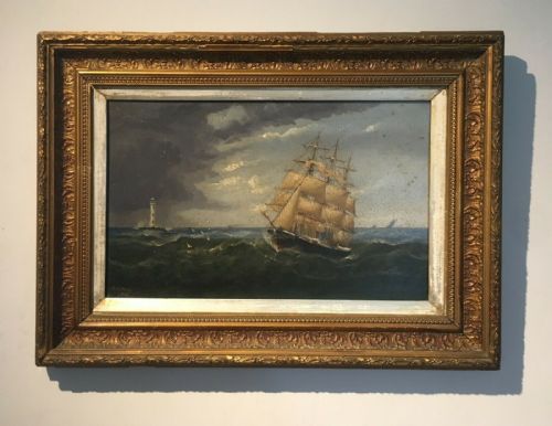 fig 1. William Daniel Penny Signed 1908 Original Antique Framed Oil Painting on Board Clipper Ship & Lighthouse Stormy Seascape
