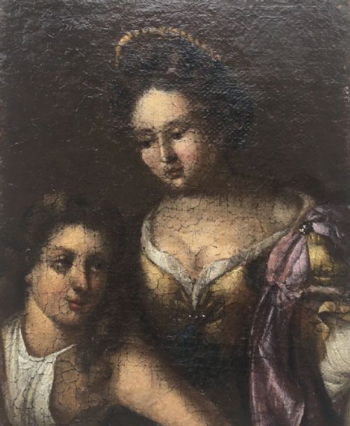 fig 1. Original 18th Century Antique Female Portrait Oil Painting Preserved onto Canvas in Wooden Frame