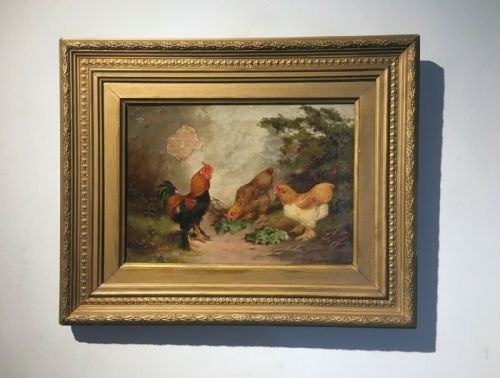 E S England Signed Original English Antique Oil Painting Farmyard Hens & Cockerels