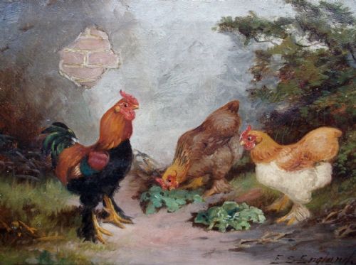 fig 1. E S England Signed Original English Antique Oil Painting Farmyard Hens & Cockerels