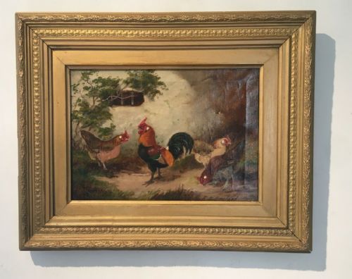 E S England Signed Original English Antique Oil Painting Farmyard Scene Cockerels & Hens in Gilt Frame