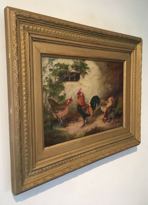 fig 1. E S England Signed Original English Antique Oil Painting Farmyard Scene Cockerels & Hens in Gilt Frame