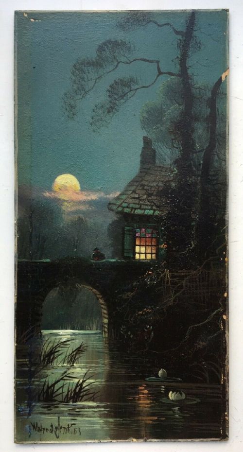 fig 1. WILFRED BOSWORTH JENKINS Signed Original English Antique Oil Painting on Board River at Dusk under Moonlight