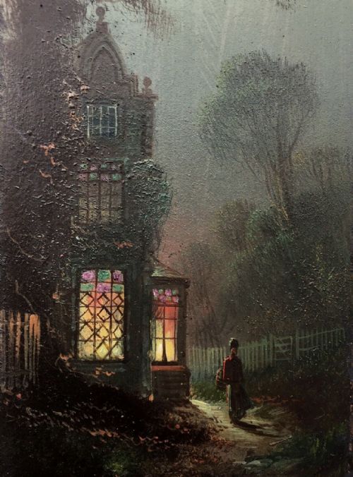 Wilfred Bosworth Jenkins Signed Original English Antique Oil Painting on Board Dusk Landscape Figure & House Scene