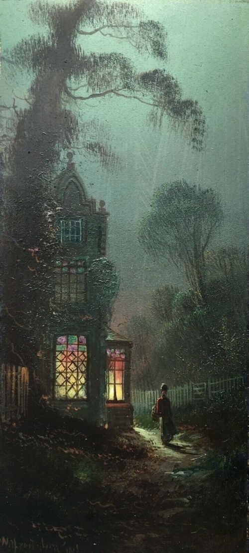 fig 1. WILFRED BOSWORTH JENKINS Signed Original English Antique Oil Painting on Board Dusk Landscape Figure & House Scene