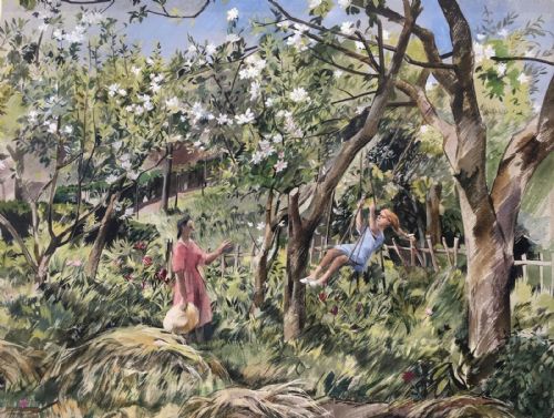 Manner of Carel Weight Original Vintage Watercolour Painting Girl Figures on a Swing Garden Landscape with Blossom