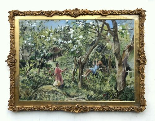 fig 1. Manner of CAREL WEIGHT Original Vintage Watercolour Painting Girl Figures on a Swing Garden landscape with Blossom