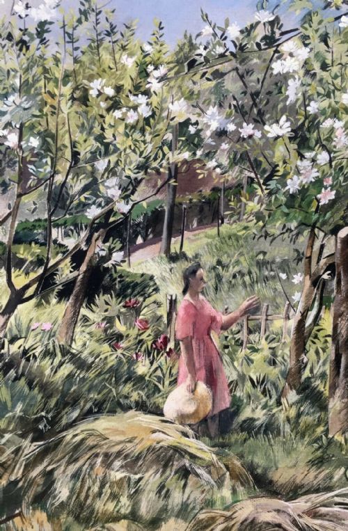 fig 2. Manner of CAREL WEIGHT Original Vintage Watercolour Painting Girl Figures on a Swing Garden landscape with Blossom