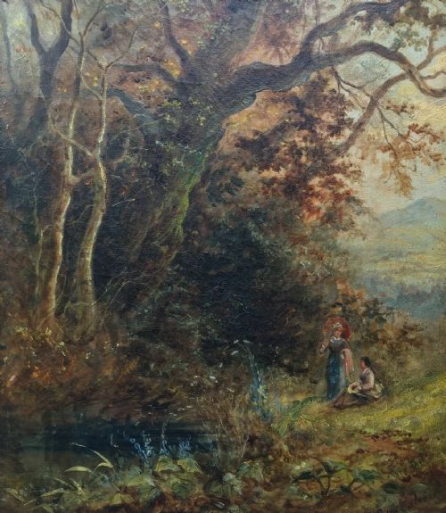 Samuel Calvert Original Antique Oil Landscape Painting Figures by a Stream Australian British Interest