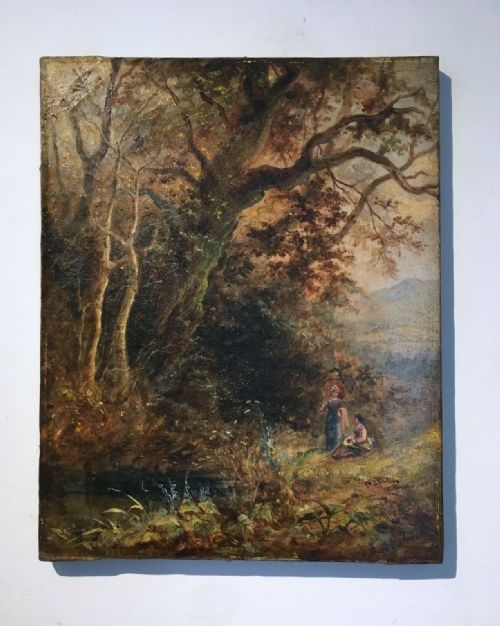fig 1. SAMUEL CALVERT Original Antique Oil Landscape Painting Figures by a Stream Australian British Interest