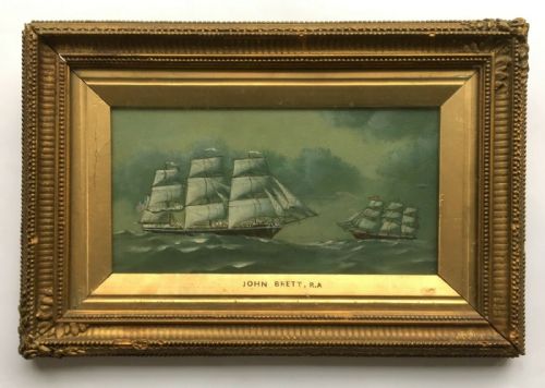 Manner of John Brett R.A. Original Antique English Oil Painting on Canvas American 3 Mast Schooner Seascape
