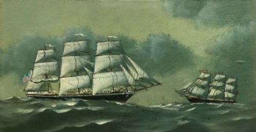 fig 1. Manner of John Brett R.A. Original Antique English Oil Painting on canvas American 3 Mast Schooner Seascape