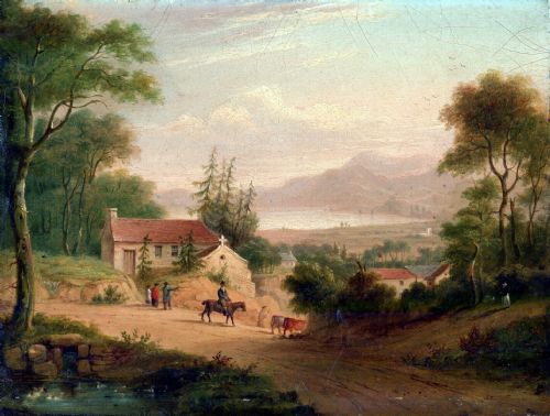 Manner of Christian Georg Schütz Original Antique Landscape Oil Painting on Wood Figure on Horseback Driving Cattle