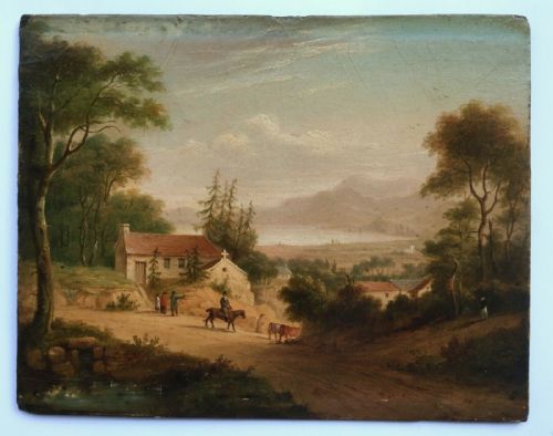 fig 1. Manner of Christian Georg Schütz Original Antique Landscape Oil Painting on Wood Figure on Horseback Driving cattle