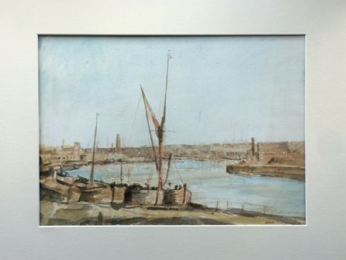 fig 1. David Thomas Muirhead 1928 Estuary Harbour Seascape Signed Watercolour Painting