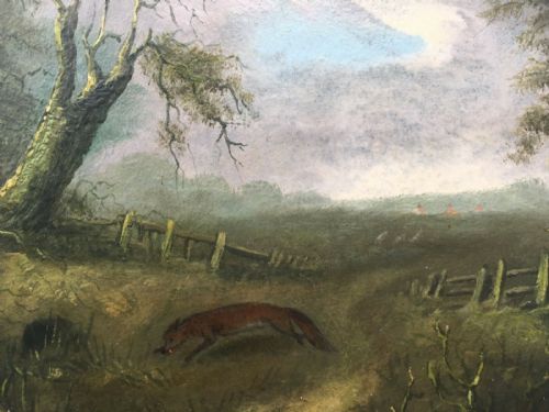 Original English Antique Oil Painting on Card Fox Hunting with Distant Horses