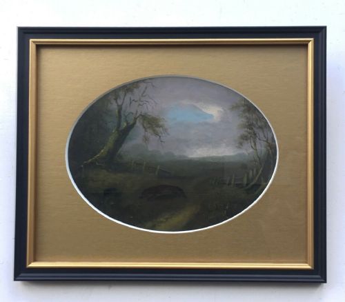 fig 1. Original English Antique Oil Painting on Card Fox Hunting with Distant Horses