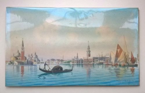 fig 1. Umberto Ongania Signed Original Vintage Italian Watercolour Painting on card Venice Italy