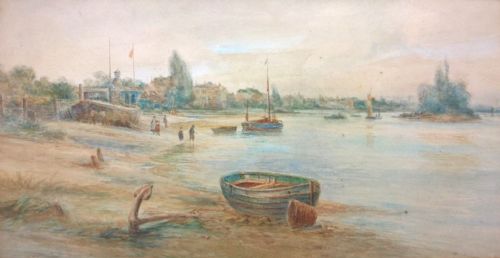 Charles William Wyllie Original Antique English Watercolour Painting River Estuary Landscape