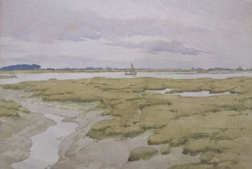 Percy Lancaster Signed Original English Framed Watercolour Painting Estuary Landscape