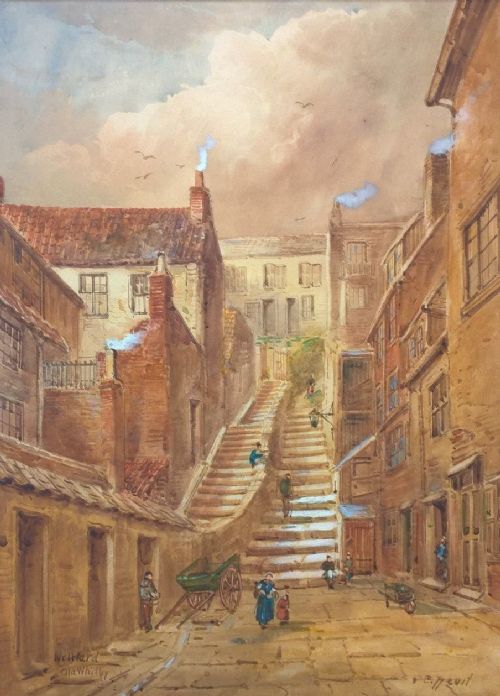 Edward Nevil Original Antique Watercolour Painting Well Yard Whitby Yorkshire