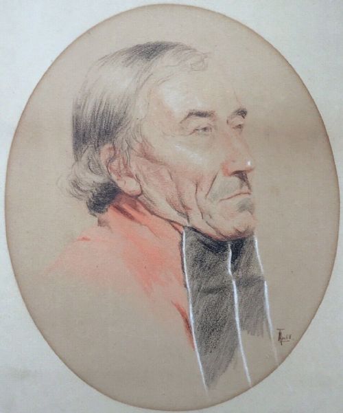 Original 19th Century Antique Pastel Drawing Portrait of a Judge Criminal Lawyer Barrister
