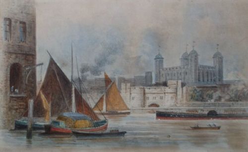 Ed 1889 Signed Edwin Thomas Dolby 19th Century English Antique Watercolour Painting Tower of London River Thames