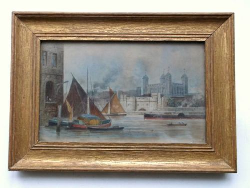 fig 1. ED 1889 Signed Edwin Thomas Dolby 19th Century English Antique Watercolour Painting Tower of London River Thames