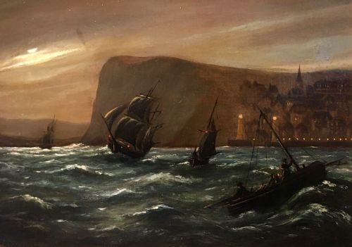 Original Signed English School Antique Oil Painting on Canvas Seascape Harbour with Lighthouses at Dusk