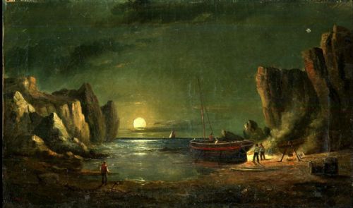John James Wilson 1818-1875 Original 19th Century Signed Antique Oil Painting on Canvas Shipping Seascape Smugglers Cove