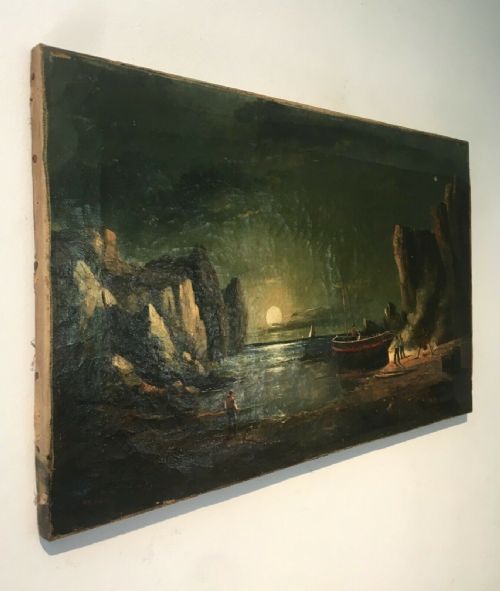 fig 1. John James Wilson 1818-1875 Original 19th Century Signed Antique Oil Painting on Canvas Shipping Seascape Smugglers Cove