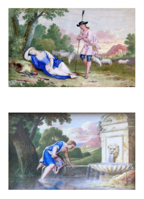 2 Antique Arcadian Classical Style Miniature Framed Landscape Gouache Paintings